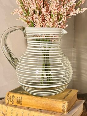 Novica Mexican Handblown Glass Pitcher White Spiral Latticino Recycled Glass 8"